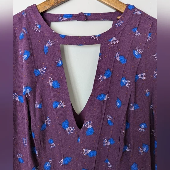 Free People Tegan Floral Purple Long Sleeve Keyhole Mini Dress Boho Hippie Fairy - Picture 3 of 16